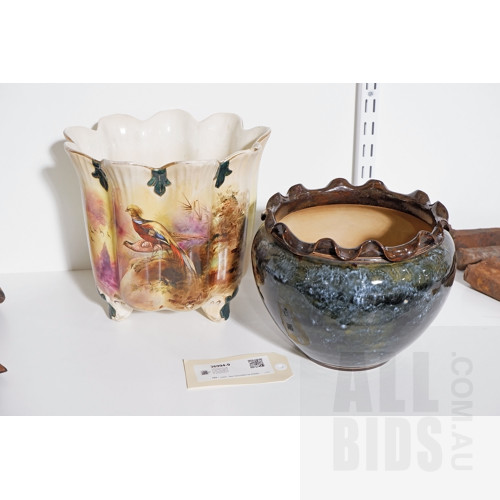 Antique Royal Doulton Salt Glazed Stoneware Jardiniere, Height 18cm, Small Chips to Rim, and Another Larger Antique Jardiniere Transfer Printed with Game Birds, also with Faults, (2)