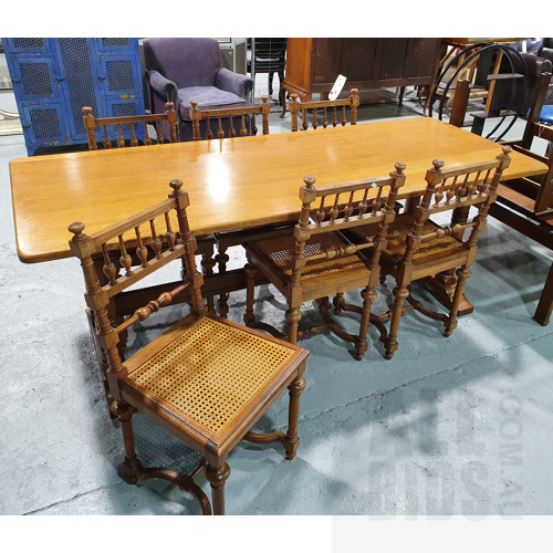 Nice Solid Honey Oak Antique Style Refectory Table and Six Fruitwood French Style Chairs with Cane Seats, Later 20th Century