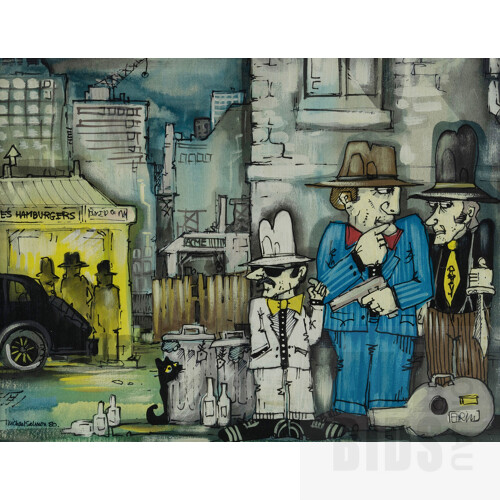 Michael Salmon (b.1949), 'Gangsters No. 50,' 1980, Artist's studio label verso, Acrylic on Paper, 24.5x32cm (artwork)