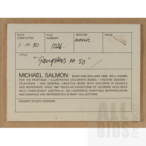 Michael Salmon (b.1949), 'Gangsters No. 50,' 1980, Artist's studio label verso, Acrylic on Paper, 24.5x32cm (artwork)