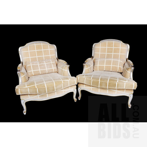 Pair of Large Louis Style Carved Giltwood and Cut Velvet Upholstered Armchairs, Modern, (2)
