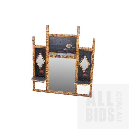 Antique Tortoiseshell Cane and Lacquer Painted Mantle Mirror with Bevelled Edge, Early 20th Century