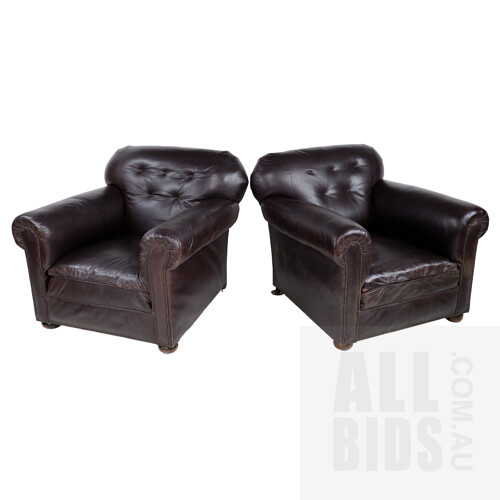 Pair of Large Chestnut Leather Upholstered Club Armchairs, Worn