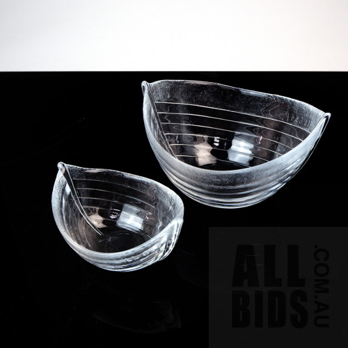Medium and Large Vintage Nybro Sweden Glass Boat Bowls, Models LL653 and LL654, Designed by Paul Isling, the Larger Length 24.5cm, (2)