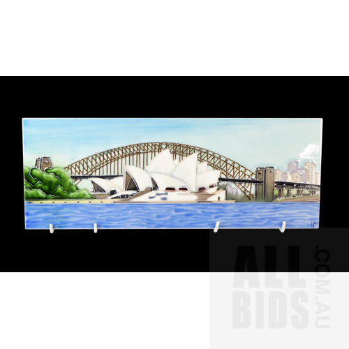 Glazed and Tube Lined Ceramic Picture Tile Decorated with a Scene of the Sydney Opera House, Signed by the Artist with Monogram TC, Loop for Hanging, Length 34.5cm