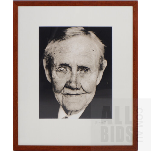 Framed Black & White Photograph of Sir John Gorton for Elle Magazine, Signed and Dated by Photographer 1999
