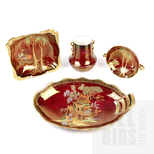 Vintage Carlton Ware Rouge Royale Lustre Vase, Twin Handled Dish, Storks Dish and a Pagoda Sandwich Tray (4)