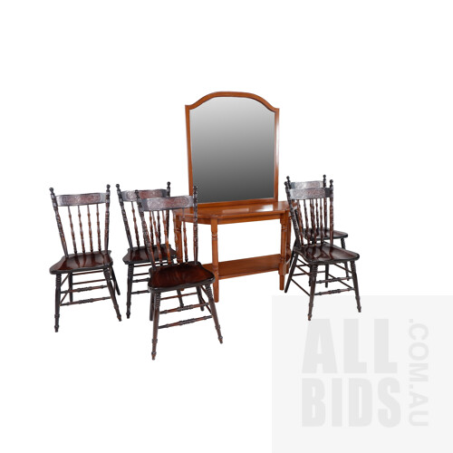 Five Antique Style Press Back Dining Chairs with Kangaroo Motif, with a Contemporary Mirrored Hall Stand