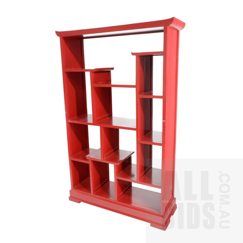 Oriental Style Red Lacquered Display Shelf, Modern, Height 184cm