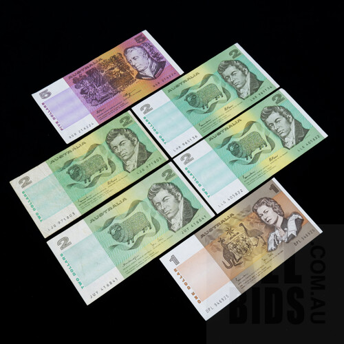 Fraser/ Higgins $5 Note QGB216224, Four $2 Notes and one $1 Note, (6)
