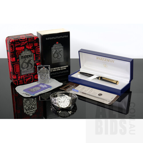 Boxed Waterman Ball Point Pen, Gents Seiko Wrist Watch, and Boxed Zippo 65 Anniversary Lighter