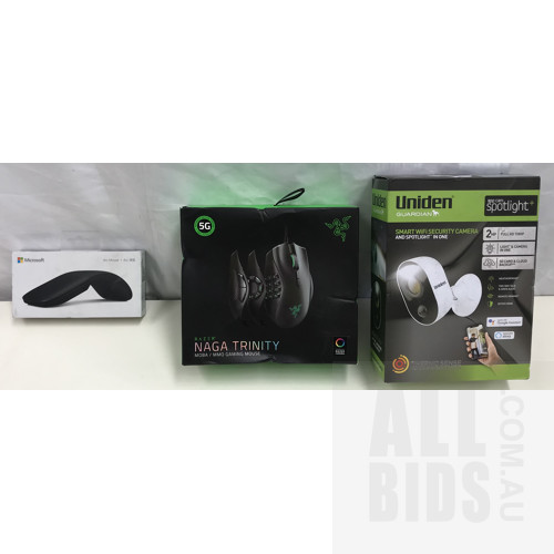 Microsoft Arc Mouse, Razer Naga Trinity MOBA/MMO Gaming Mouse And Uniden Smart WiFi Security Camera
