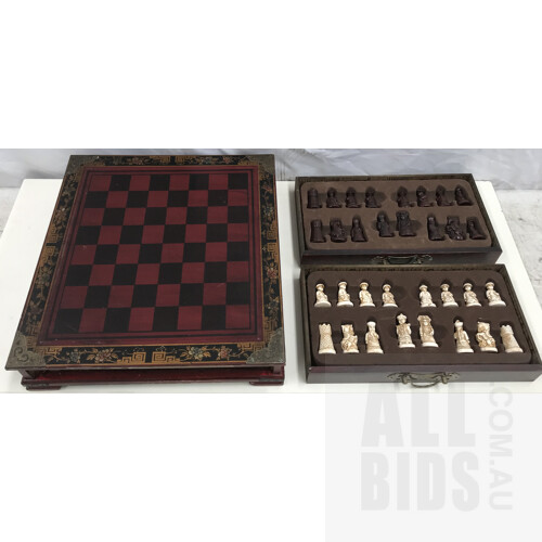 Asian Themed Chess Set In Lacquered Box