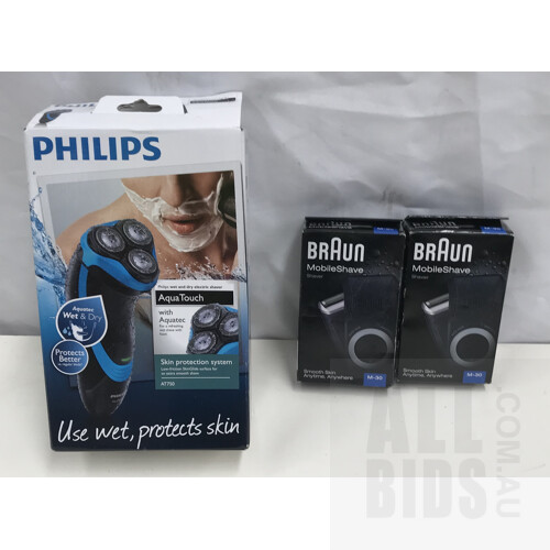 Phillips AT750 Aquatouch Electric Razor And Braun M-30 Mobile Shavers - Lot Of Three