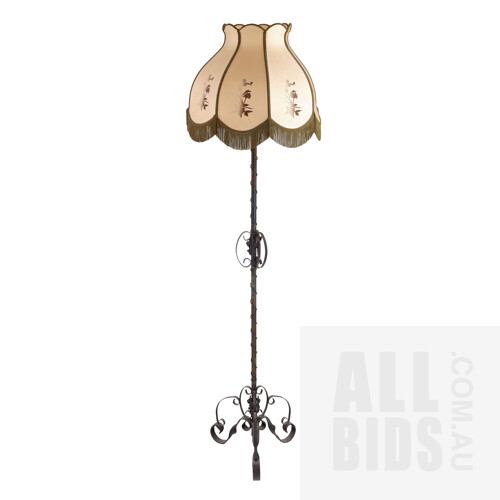 Vintage Style Wrought Iron Standard Lamp with Fleur-de-Lys Motifs, Fabric Shade, Height 185cm
