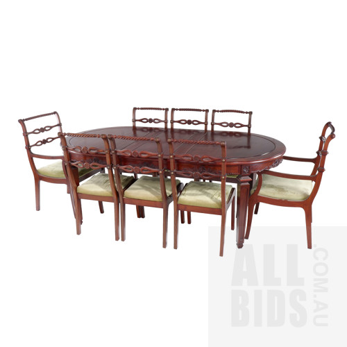 Regency Style Brass Inlaid Rosewood Dining Suite Comprising Single Leaf Extension Table and Eight Chairs, Later 20th Century