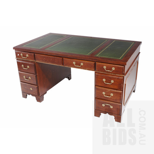 Georgian Style Pedestal Desk with Gilt Tooled Leather Inlay, Later 20th Century, Faults