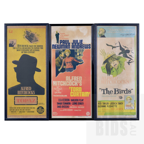 Three Framed Day Bills Featuring Hitchcock Films: The Birds, Torn Curtain & Topaz, each 80 x 36 cm (3)