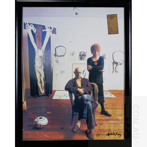 Framed Poster, Brett Whiteley & Joel Elenberg in the Studio, Bears Brett Whiteley Signature and Obituary for Joel Elenberg 85 x 67 cm