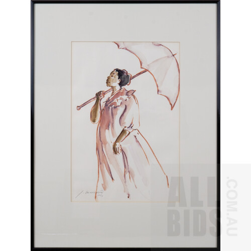 Jara David Moserova (20th Century), Woman with Parasol 1993, Watercolour 40 x 27 cm together with Summer of Lost Hopes 1968, Watercolour, 25 x 20 cm (2)