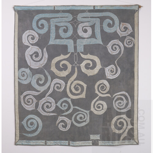 A Hand-Dyed Traditional Japanese Ainu Cotton and Silk Embroidered Wall Hanging, 104 x 93 cm