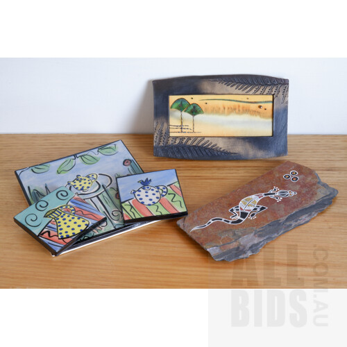 Three Cathy Oddie Glazed Tiles, Aboriginal Painting of a Lizard on Shale and Another