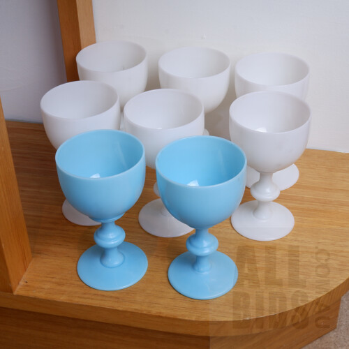 Eight Antique Milk and Blue Glass Goblets