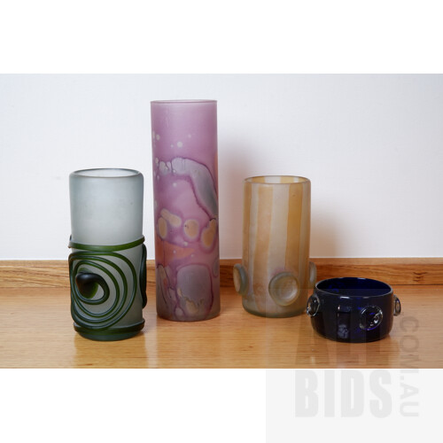 Four Australian School Art Glass Vases, One with Applied Glass Trailing and Two with Four Glass Prunts