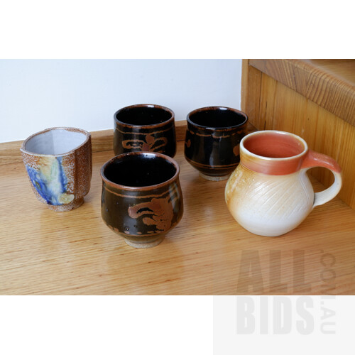 Three Studio Pottery Tenmoku Glazed Chawan (Tea Bowl) and Two Other Pieces of Studio Ceramics