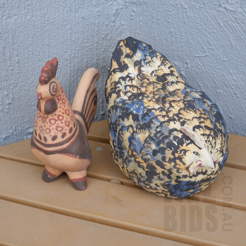 Painted Terracotta Rooster and Another Painter Ceramic Rooster