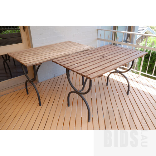 Pair of Bespoke Wrought Metal and Hardwood Outdoor Tables