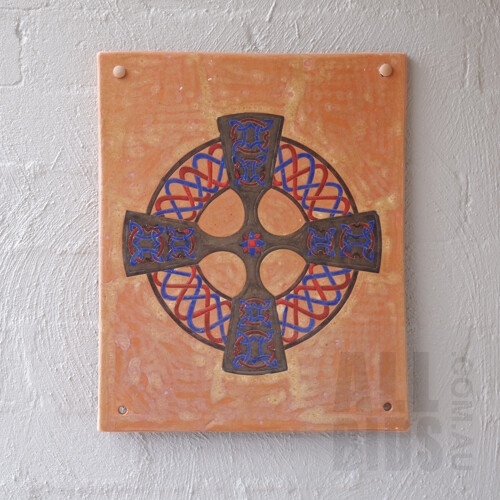 Glazed Ceramic Wall Plaque with Celtic Cross Motif