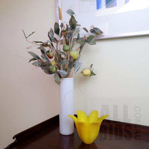 Tall Studio Art Glass Vase With Another Yellow Cast Glass Tulip Vase