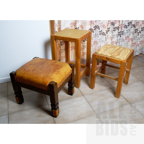 Two Vintage Dede Design Stools and a Studded Leather Footstool