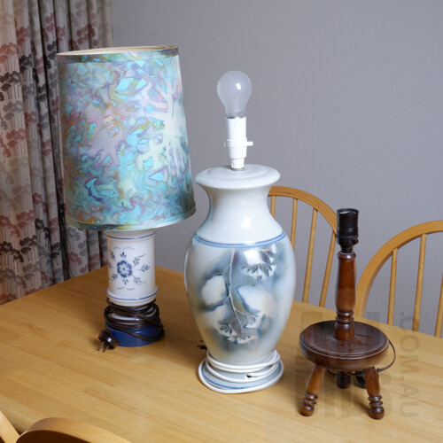 Painted Milk Glass Table Lamp, Painted Ceramic Table Lamp and a Turned Maple Lamp