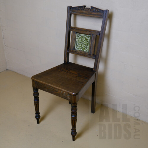 Antique Oak Side Chair with Inlaid Majolica Glazed Tile