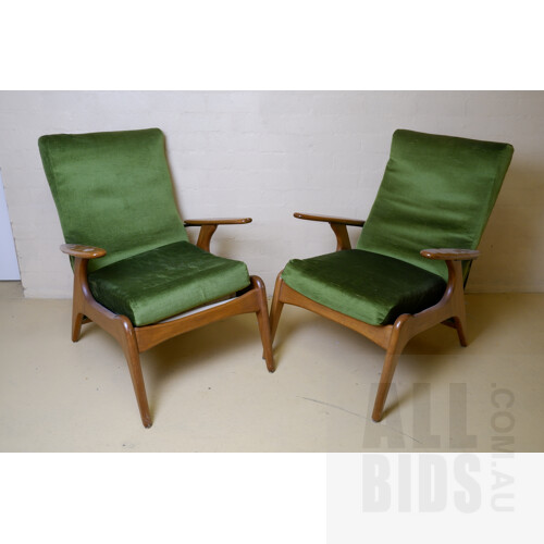 Pair of Fler Sc55 Style Teak Armchairs with Green Fabric Upholstery