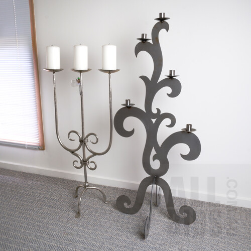Tall Contemporary Welded and Cut Sheet Metal Candelabra and Another Painted Wrought Metal Candelabra