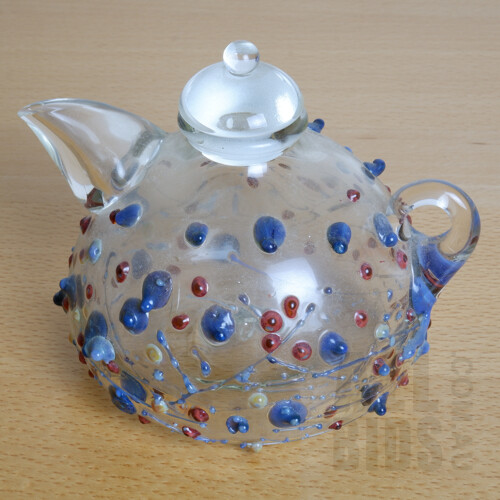 Richard Clements Art Glass Teapot with Applied Multi Coloured Prunts, 1984