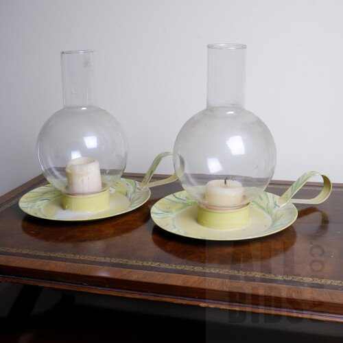 Pair of Hand Painted Chambersticks with Bulbous Glass Flumes