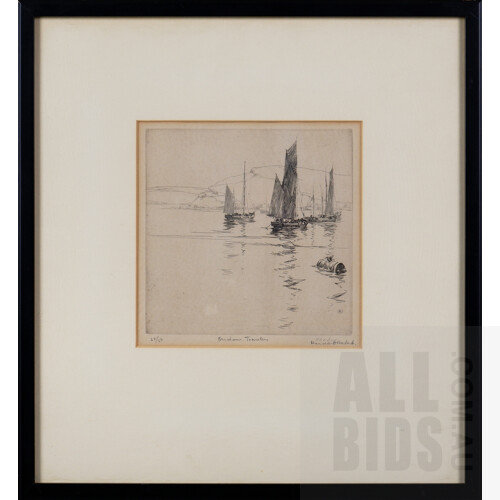 Harold Herbert (1892-1945), Brixham Trawlers, Etching, 15 x 15 cm (image size)