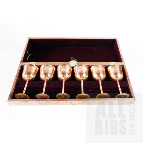 Set of Six Berczi Copper Wine Goblets in and Hand Beaten Copper Box