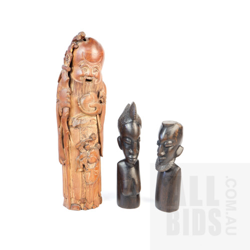 Vintage Chinese Bamboo Carving of a Sage Together with Two African Carved Ebony Figures