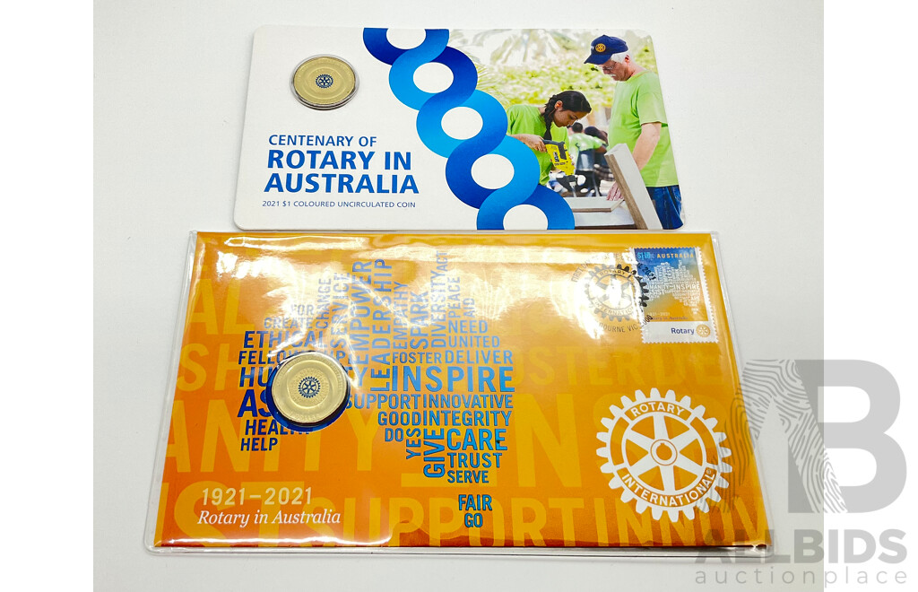 Australian 2021 One Dollar Coins, RAM and Aus Post Centenary of Rotary in Australia