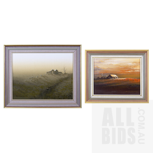 Robert Newman (Australian, 20th Century), 'Golden Morning', together with 'Where the Crow Flies', Acrylic on Board, largest 34 x 44 cm (2)