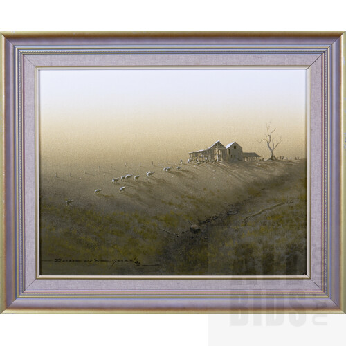 Robert Newman (Australian, 20th Century), 'Golden Morning', together with 'Where the Crow Flies', Acrylic on Board, largest 34 x 44 cm (2)