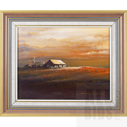 Robert Newman (Australian, 20th Century), 'Golden Morning', together with 'Where the Crow Flies', Acrylic on Board, largest 34 x 44 cm (2)