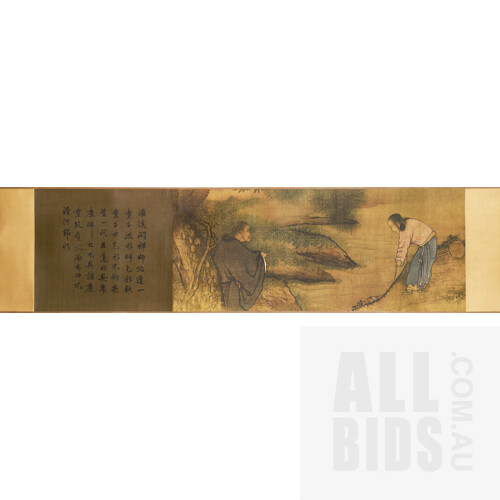 A Chinese Scroll Featuring Eight Stories of Zen Buddhism, Text and Image Printed on Silk (Landscape Orientation), 