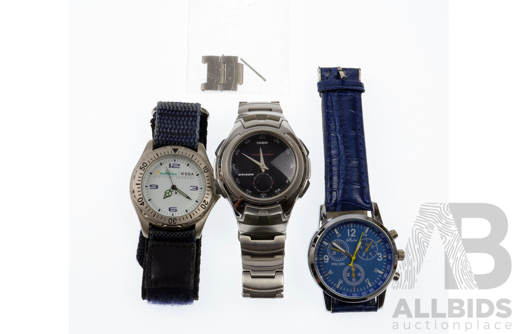 Three Men's Watches, Casio Illuminator, Wallabies Promotional Wega Watch and PRC 200