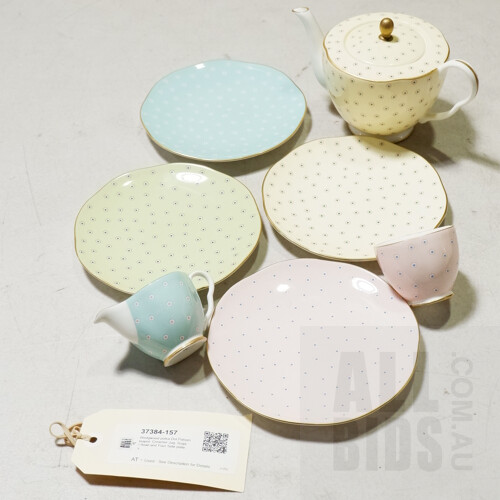 Wedgwood polka Dot Pattern teapot, Creamer Jug, Sugar Bowl and Four Side plates